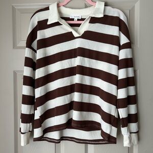 Brown and White Striped Long Sleeve Polo Shirt